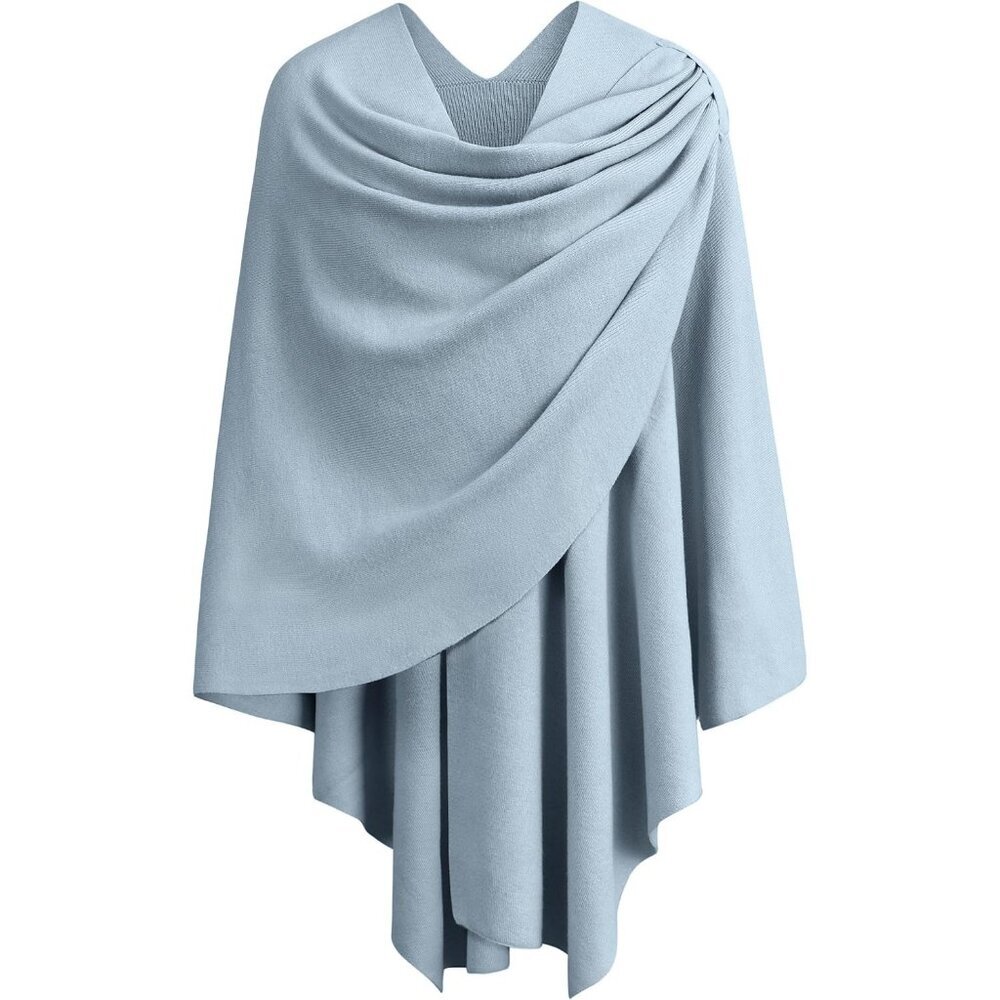 Women's 1-Blue Cross Front Poncho Sweater Wrap Knitted Elegant Shawls Cape